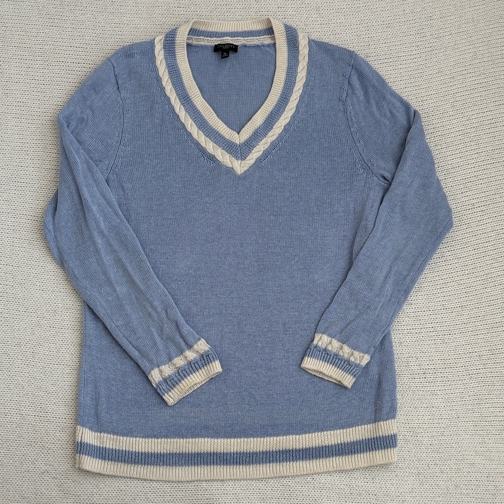 Talbots 100% Linen V Neck Sweater Blue/White Size MP